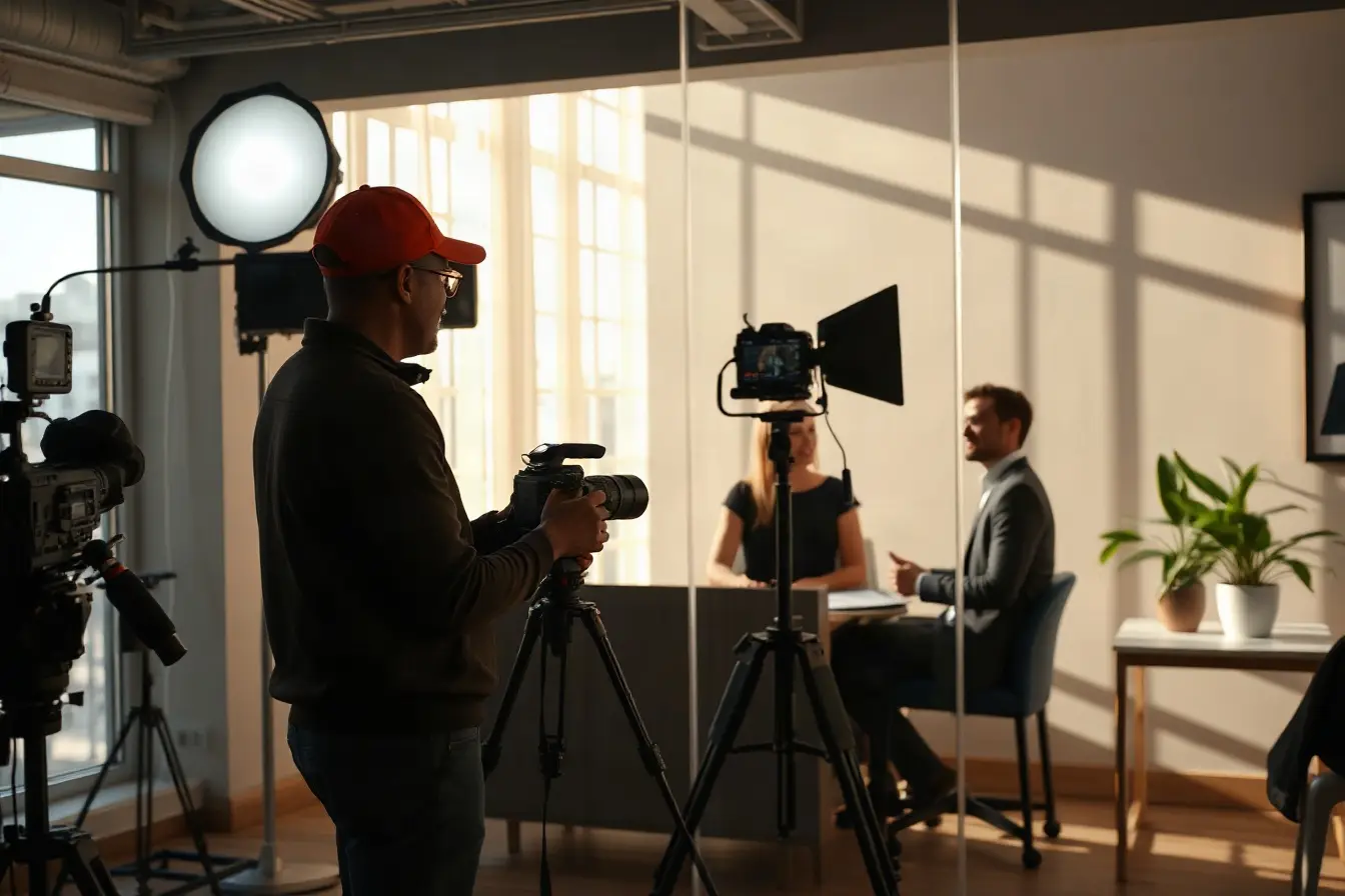 Small video crew filming a client interview in a San Francisco office